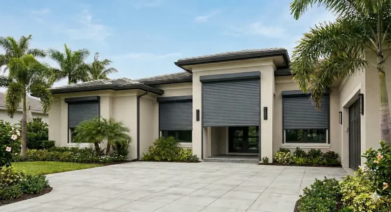 Modern aluminum roll-down hurricane protection systems installed on a luxury Florida home